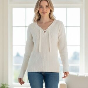 GAP Cream‎ Knit Lace Up V Neck Women's Size M Long Sleeve Sweater